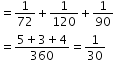 begin mathsize 12px style equals 1 over 72 plus 1 over 120 plus 1 over 90
equals fraction numerator 5 plus 3 plus 4 over denominator 360 end fraction equals 1 over 30 end style