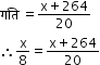 begin mathsize 12px style गत ि space equals fraction numerator straight x plus 264 over denominator 20 end fraction
therefore straight x over 8 equals fraction numerator straight x plus 264 over denominator 20 end fraction end style