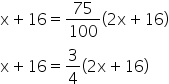 straight x plus 16 equals 75 over 100 open parentheses 2 straight x plus 16 close parentheses
straight x plus 16 equals 3 over 4 open parentheses 2 straight x plus 16 close parentheses